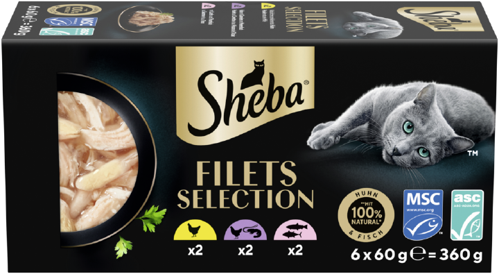 Sheba Katzen-Nassfutter Filets Multipack Huhn, Garnelen, Meeresfisch, Lachs und Thunfisch in Sauce